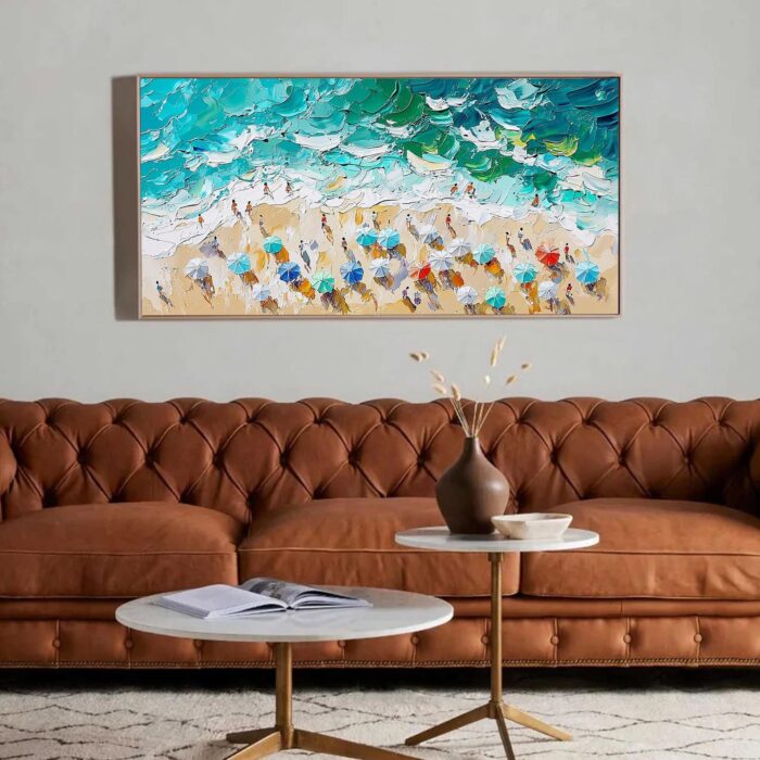 Original Hand Painted Oil Painting Summer Beach On Canvas Blue Ocean Beach Seawave Canvas Wall Art For Home Office - Image 6