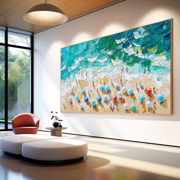 Original Hand Painted Oil Painting Summer Beach On Canvas Blue Ocean Beach Seawave Canvas Wall Art For Home Office - Image 9