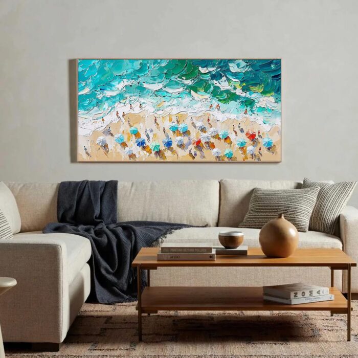 Original Hand Painted Oil Painting Summer Beach On Canvas Blue Ocean Beach Seawave Canvas Wall Art For Home Office - Image 5