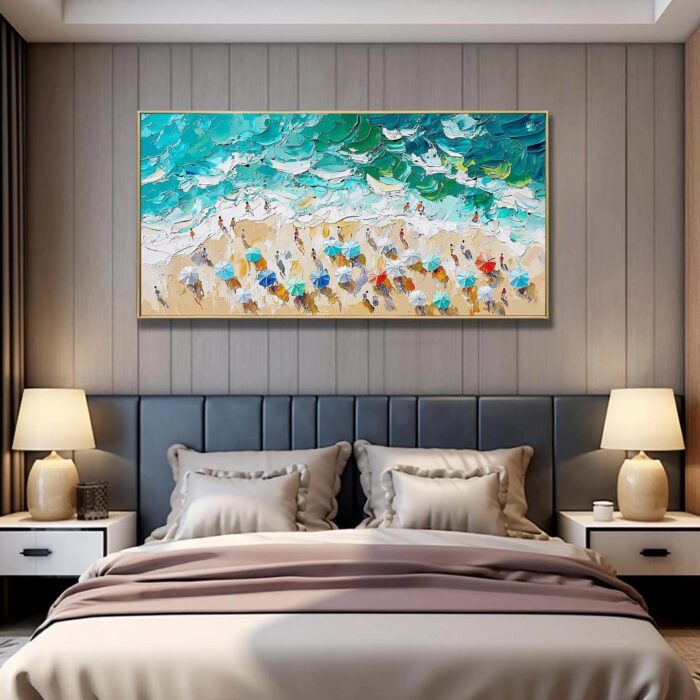 Original Hand Painted Oil Painting Summer Beach On Canvas Blue Ocean Beach Seawave Canvas Wall Art For Home Office - Image 7