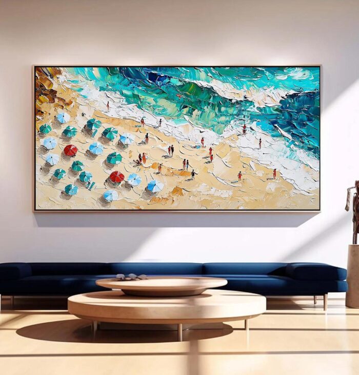 Original Hand Painted Oil Painting Summer Beach On Canvas Blue Ocean Beach Seawave Canvas Wall Art For Home Office - Image 4