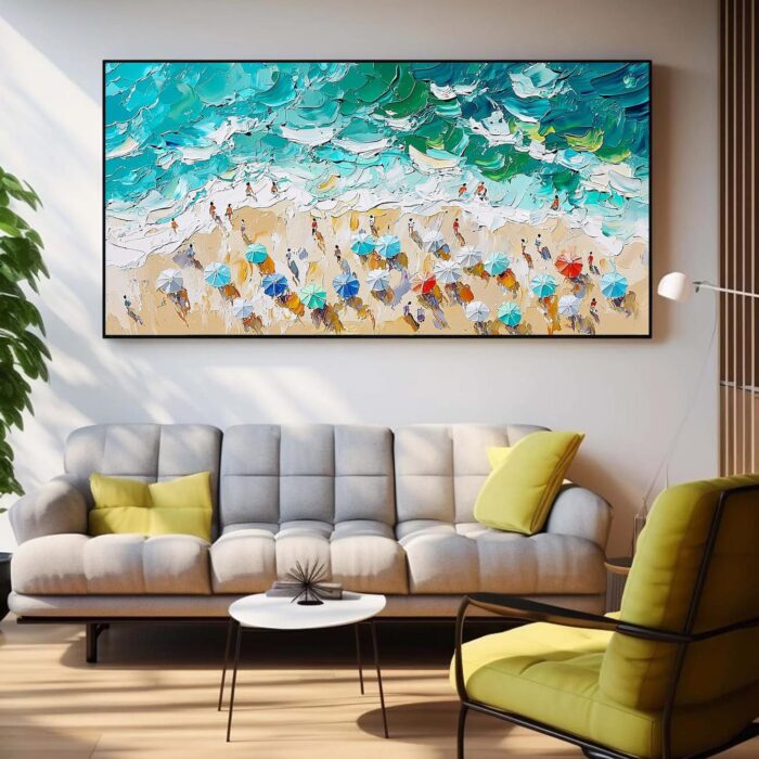 Original Hand Painted Oil Painting Summer Beach On Canvas Blue Ocean Beach Seawave Canvas Wall Art For Home Office - Image 3