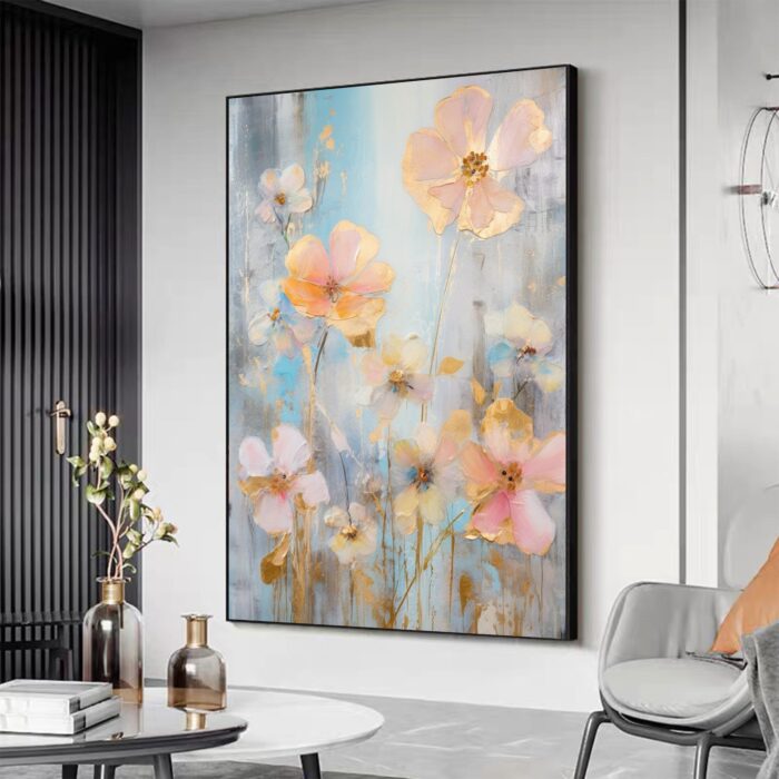 Pink Floral Canvas Wall Art Original Flowers Wildflowers Painting Textured Vertical Canvas Painting Wall Decor Artwork