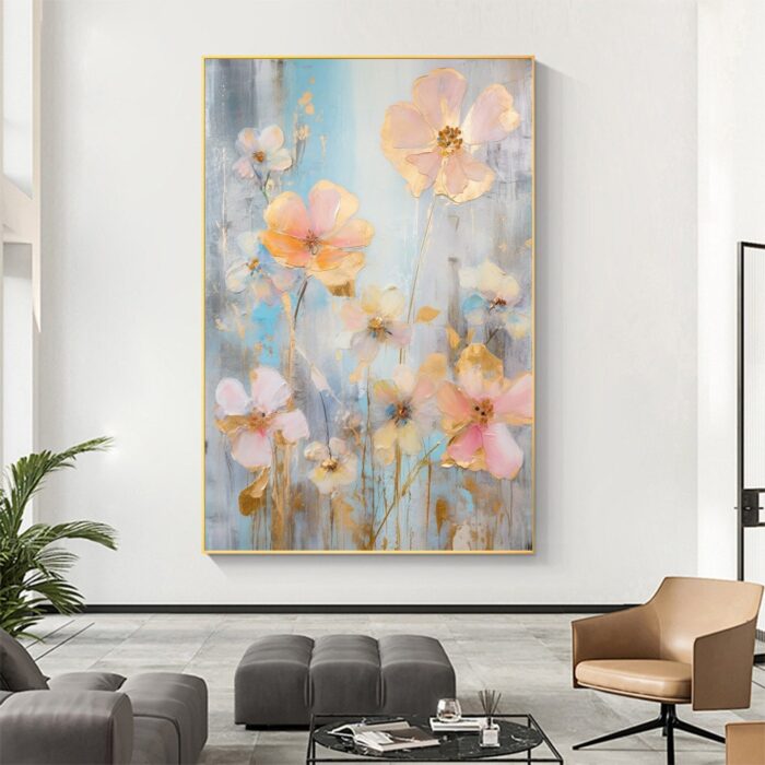 Pink Floral Canvas Wall Art Original Flowers Wildflowers Painting Textured Vertical Canvas Painting Wall Decor Artwork - Image 3