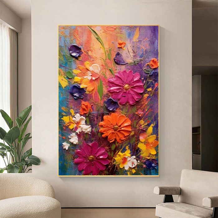 Pink Red Yellow Daisy Canvas Wall Art Hand Painted Wild Daisy Flowers Vertical Canvas Painting for Rest Room Decor - Image 6