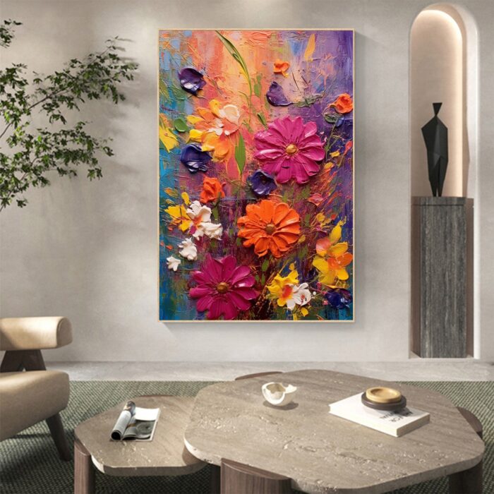 Pink Red Yellow Daisy Canvas Wall Art Hand Painted Wild Daisy Flowers Vertical Canvas Painting for Rest Room Decor - Image 4