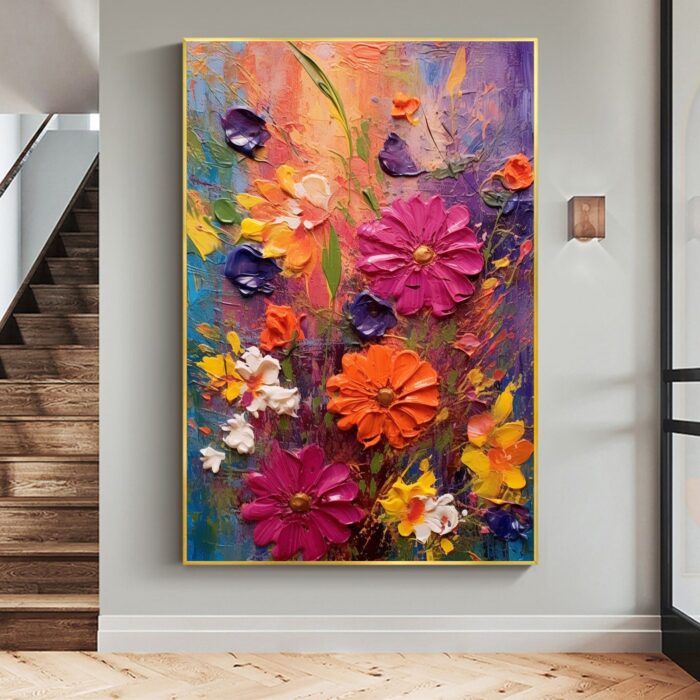 Pink Red Yellow Daisy Canvas Wall Art Hand Painted Wild Daisy Flowers Vertical Canvas Painting for Rest Room Decor - Image 3