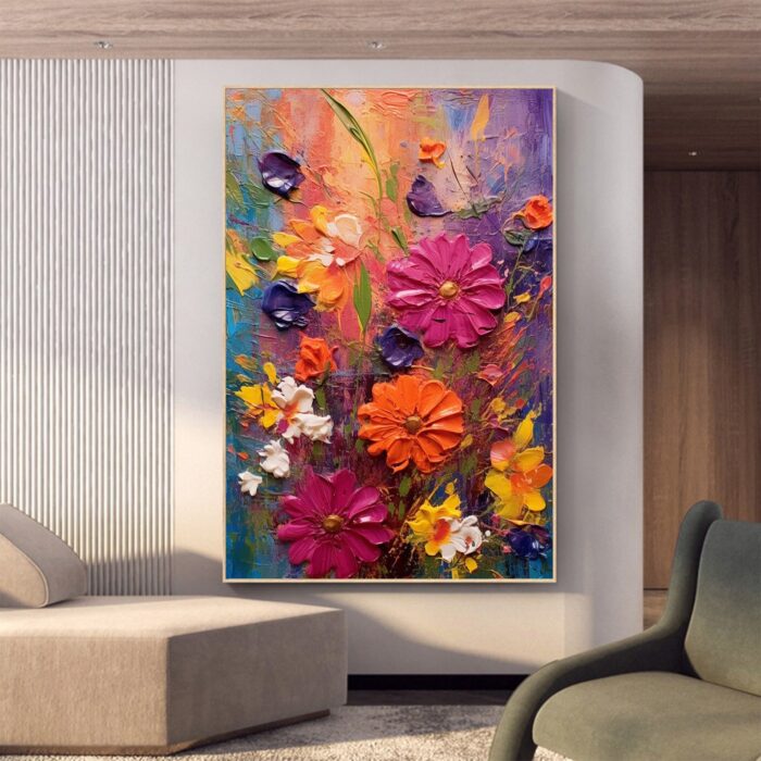 Pink Red Yellow Daisy Canvas Wall Art Hand Painted Wild Daisy Flowers Vertical Canvas Painting for Rest Room Decor