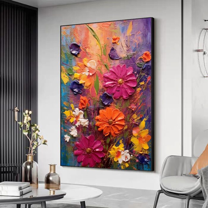 Pink Red Yellow Daisy Canvas Wall Art Hand Painted Wild Daisy Flowers Vertical Canvas Painting for Rest Room Decor - Image 9