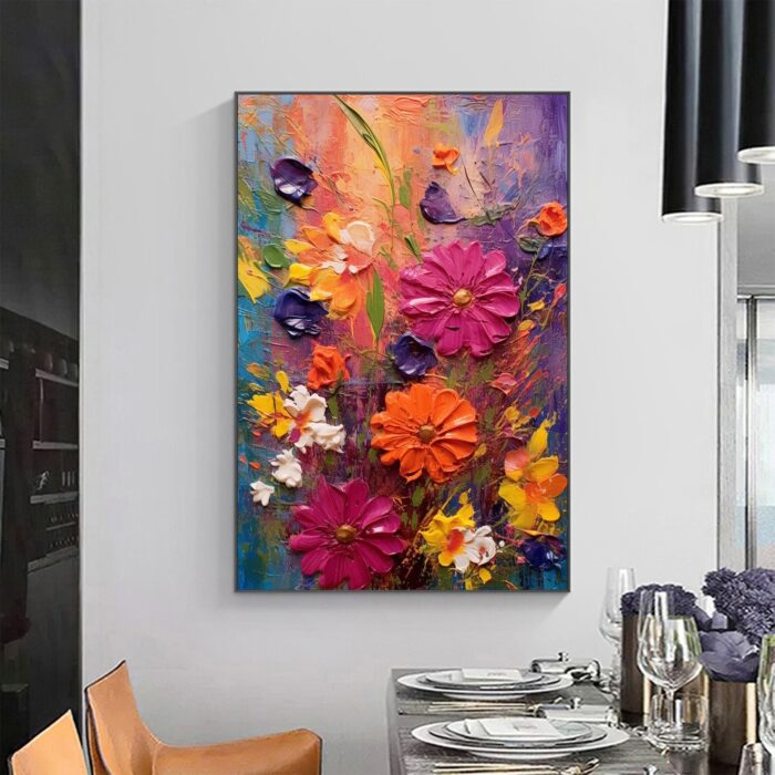 Pink Red Yellow Daisy Canvas Wall Art Hand Painted Wild Daisy Flowers Vertical Canvas Painting for Rest Room Decor - Image 7