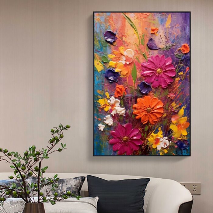 Pink Red Yellow Daisy Canvas Wall Art Hand Painted Wild Daisy Flowers Vertical Canvas Painting for Rest Room Decor - Image 5