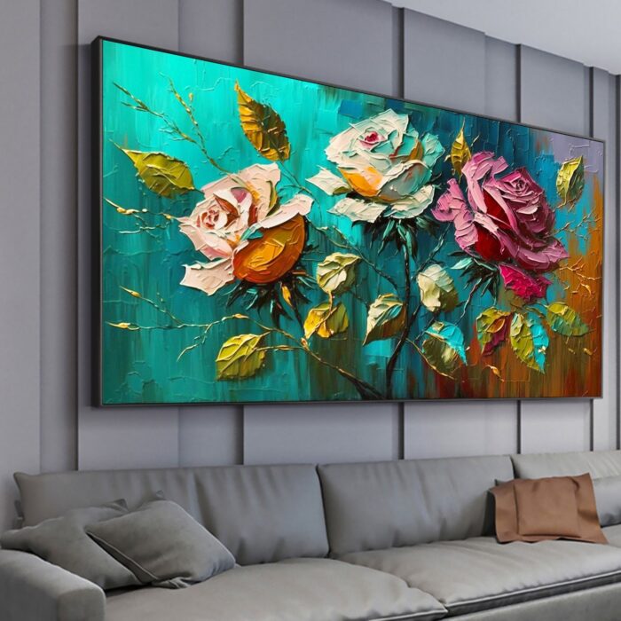 Red Yellow and White Oil Painting on Canvas Roses Leaf Wall Art Abstract Floral Green Background Artwork Decor Living Room - Image 7