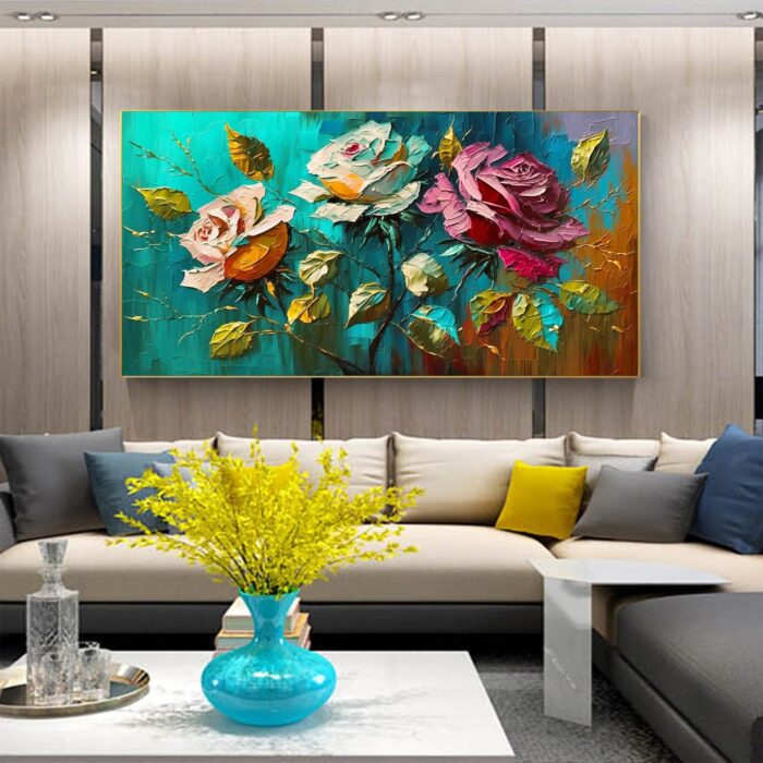 Red Yellow and White Oil Painting on Canvas Roses Leaf Wall Art Abstract Floral Green Background Artwork Decor Living Room - Image 5