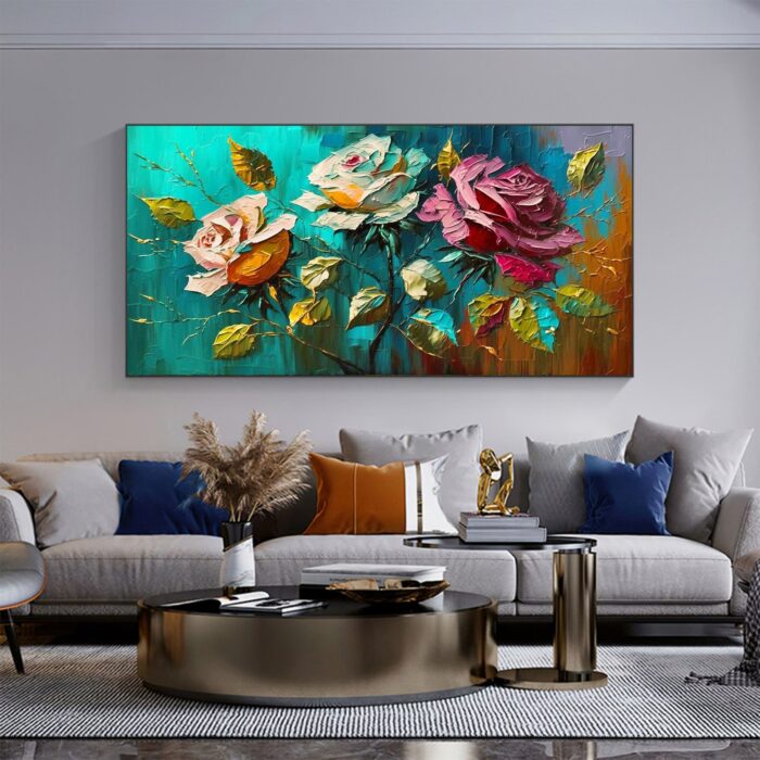 Red Yellow and White Oil Painting on Canvas Roses Leaf Wall Art Abstract Floral Green Background Artwork Decor Living Room - Image 4