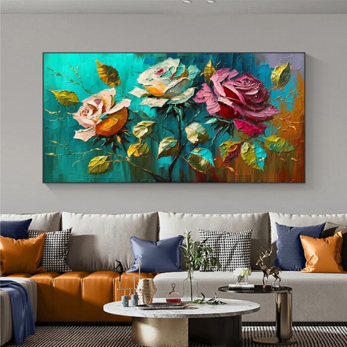 Red Yellow and White Oil Painting on Canvas Roses Leaf Wall Art Abstract Floral Green Background Artwork Decor Living Room - Image 3