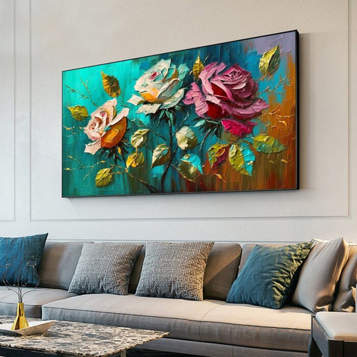 Red Yellow and White Oil Painting on Canvas Roses Leaf Wall Art Abstract Floral Green Background Artwork Decor Living Room - Image 8