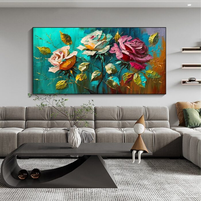 Red Yellow and White Oil Painting on Canvas Roses Leaf Wall Art Abstract Floral Green Background Artwork Decor Living Room - Image 2