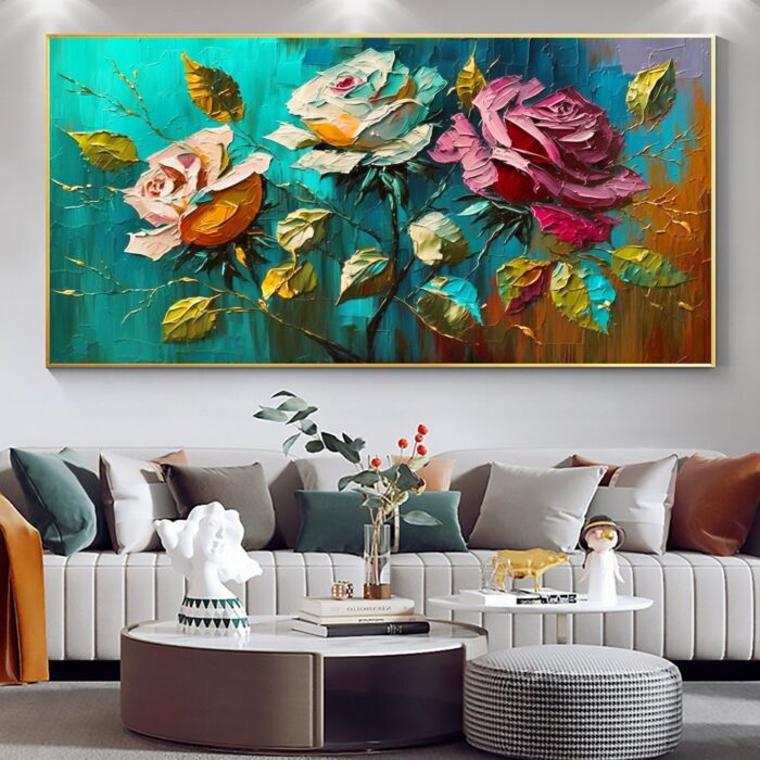 Red Yellow and White Oil Painting on Canvas Roses Leaf Wall Art Abstract Floral Green Background Artwork Decor Living Room