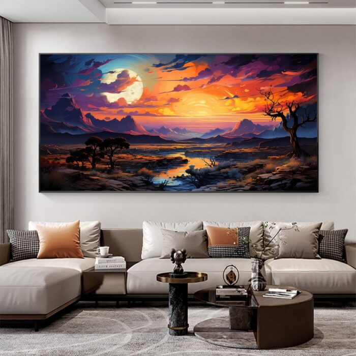 Sunset Forest Canvas Wall Art Living Room Wall Decor Large Nature River Tree Canvas Artwork Mountain Wall Art for Kitchen Office Home Decoration - Image 3