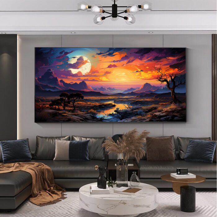 Sunset Forest Canvas Wall Art Living Room Wall Decor Large Nature River Tree Canvas Artwork Mountain Wall Art for Kitchen Office Home Decoration