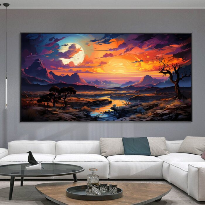 Sunset Forest Canvas Wall Art Living Room Wall Decor Large Nature River Tree Canvas Artwork Mountain Wall Art for Kitchen Office Home Decoration - Image 4