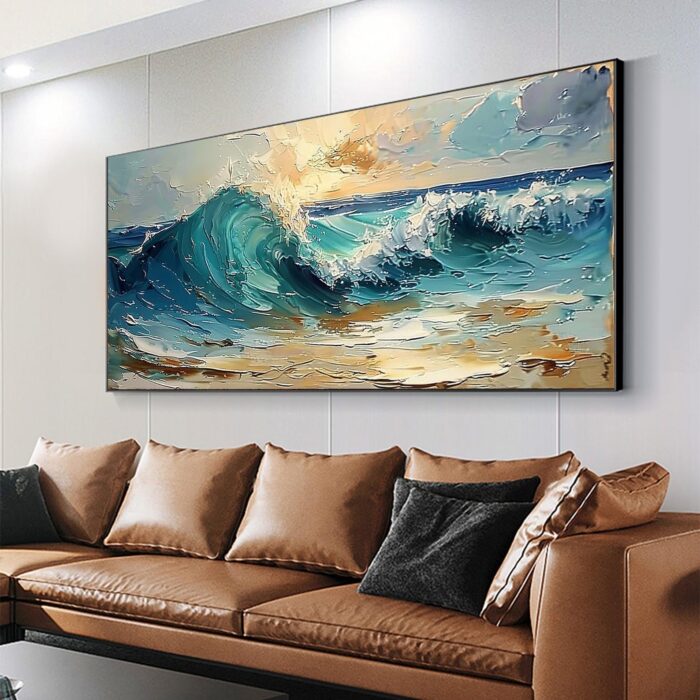 Texture Blue Wave Acrylic Painting Abstract Ocean Wave Canvas Wall Art Sunset Coastal Beach Painting Wall Decor for Living Room Bedroom - Image 8