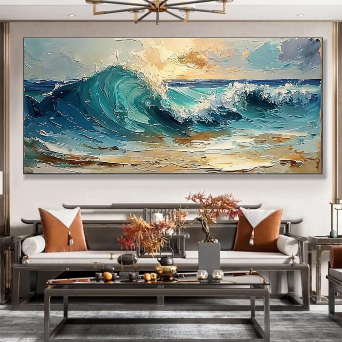 Texture Blue Wave Acrylic Painting Abstract Ocean Wave Canvas Wall Art Sunset Coastal Beach Painting Wall Decor for Living Room Bedroom