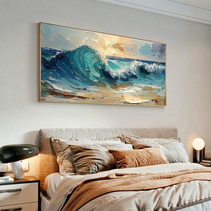 Texture Blue Wave Acrylic Painting Abstract Ocean Wave Canvas Wall Art Sunset Coastal Beach Painting Wall Decor for Living Room Bedroom - Image 6