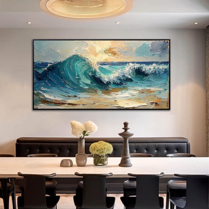 Texture Blue Wave Acrylic Painting Abstract Ocean Wave Canvas Wall Art Sunset Coastal Beach Painting Wall Decor for Living Room Bedroom - Image 3