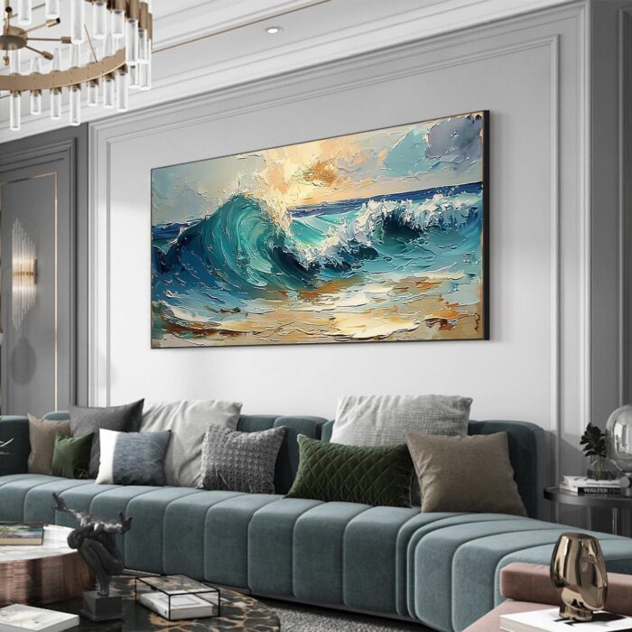 Texture Blue Wave Acrylic Painting Abstract Ocean Wave Canvas Wall Art Sunset Coastal Beach Painting Wall Decor for Living Room Bedroom - Image 7