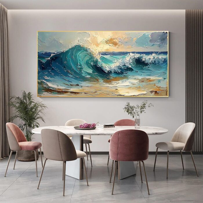 Texture Blue Wave Acrylic Painting Abstract Ocean Wave Canvas Wall Art Sunset Coastal Beach Painting Wall Decor for Living Room Bedroom - Image 5