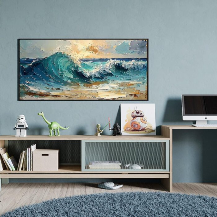 Texture Blue Wave Acrylic Painting Abstract Ocean Wave Canvas Wall Art Sunset Coastal Beach Painting Wall Decor for Living Room Bedroom - Image 4