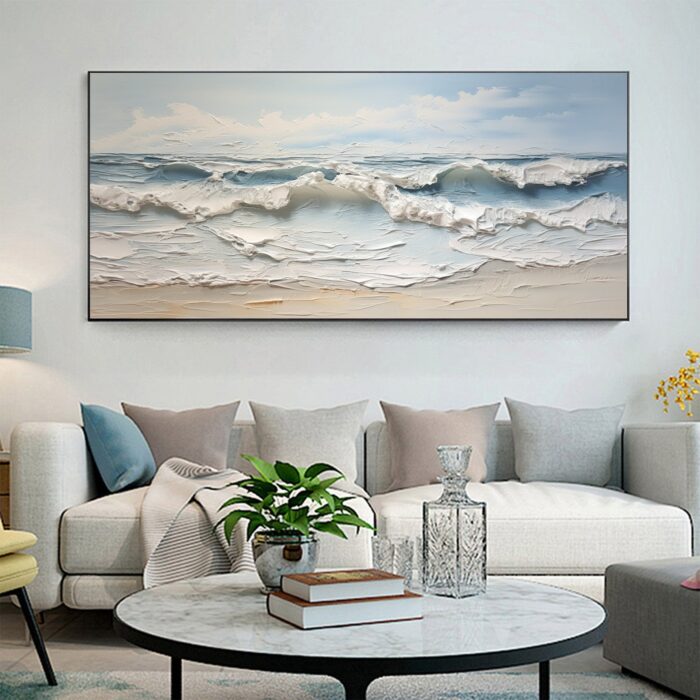 Texture White Wave Painting Blue Ocean Wall Art Surf Wave Painting on Canvas Sea Wave Canvas Wall Decor for Bedroom Living Room - Image 4