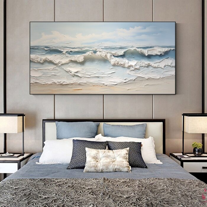 Texture White Wave Painting Blue Ocean Wall Art Surf Wave Painting on Canvas Sea Wave Canvas Wall Decor for Bedroom Living Room