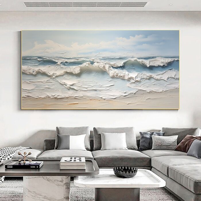 Texture White Wave Painting Blue Ocean Wall Art Surf Wave Painting on Canvas Sea Wave Canvas Wall Decor for Bedroom Living Room - Image 7