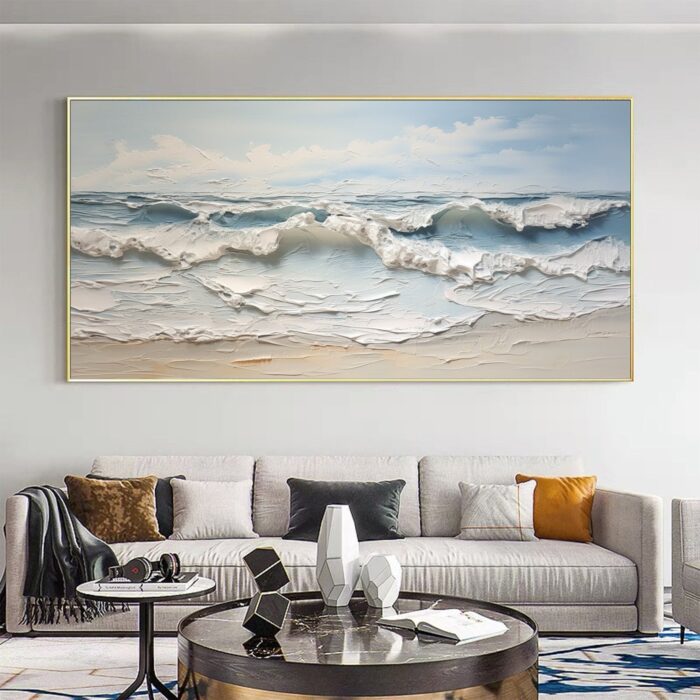 Texture White Wave Painting Blue Ocean Wall Art Surf Wave Painting on Canvas Sea Wave Canvas Wall Decor for Bedroom Living Room - Image 6