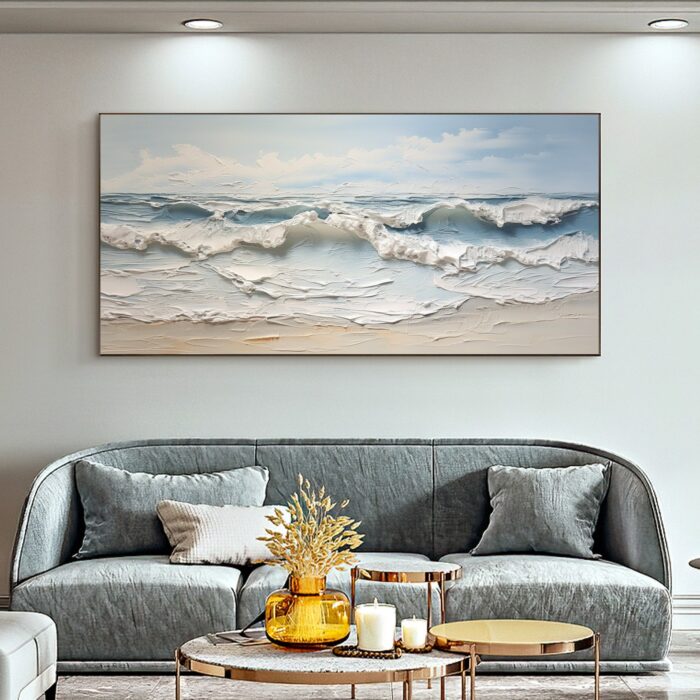 Texture White Wave Painting Blue Ocean Wall Art Surf Wave Painting on Canvas Sea Wave Canvas Wall Decor for Bedroom Living Room - Image 5