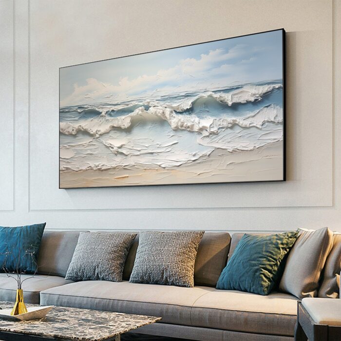 Texture White Wave Painting Blue Ocean Wall Art Surf Wave Painting on Canvas Sea Wave Canvas Wall Decor for Bedroom Living Room - Image 9