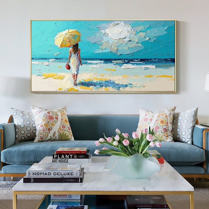 Walk On The Beach Canvas Art Lady With Umbrella Canvas Wall Decor Blue Sky and Coastal Scenery Seascape Paintings for Bedroom Bathroom Office