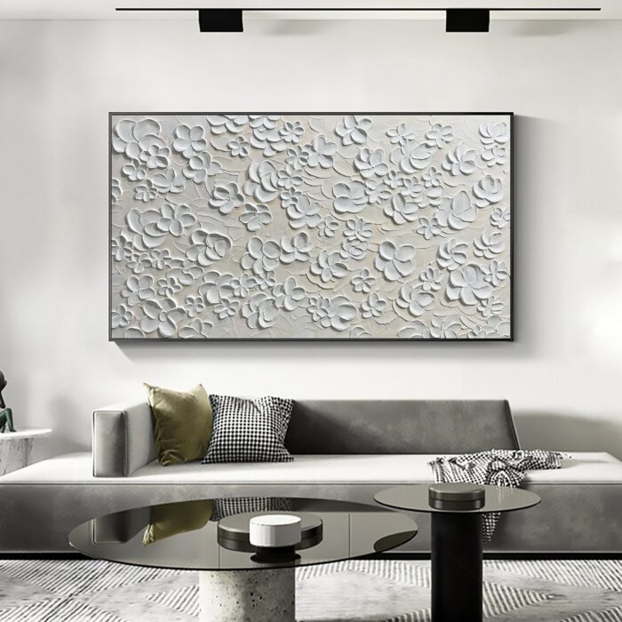 White Floral Wall Art Beige Texture Large Wall Art Painting for Living Room Home Office